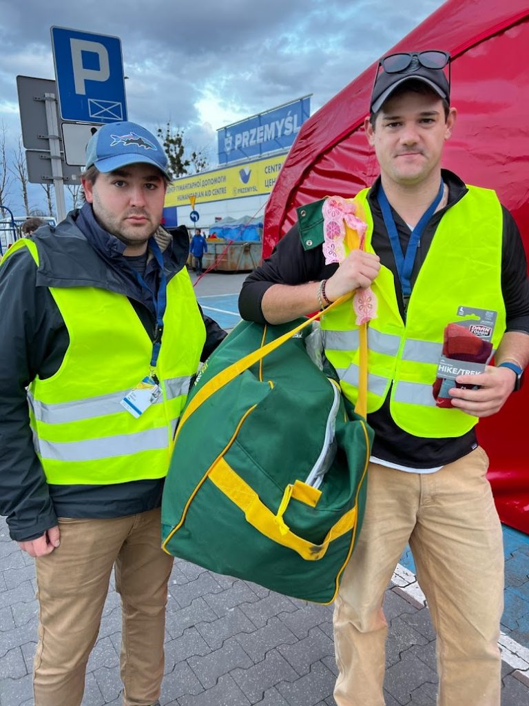 Adam Roof and Colin Hilliard in Medyka Poland at the border delivering Humanitarian Aid