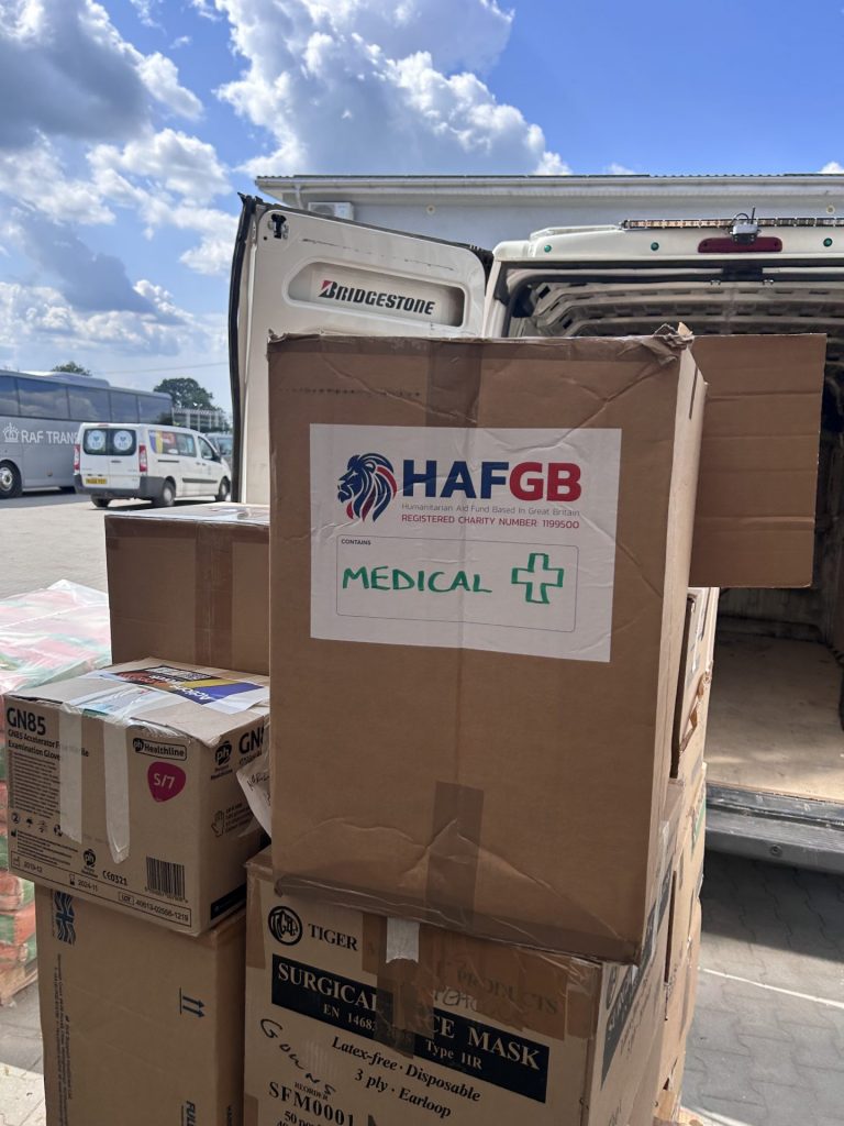 New Actions Beyond Words Van in Medyka transferring HAFGB medical supplies to U Aid Direct for onward distribution.