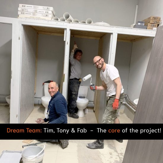Dynamic trio of Tim, Tony and Fab fitting the and painting the bathrooms at Actions Beyond Words base in Medyka Poland
