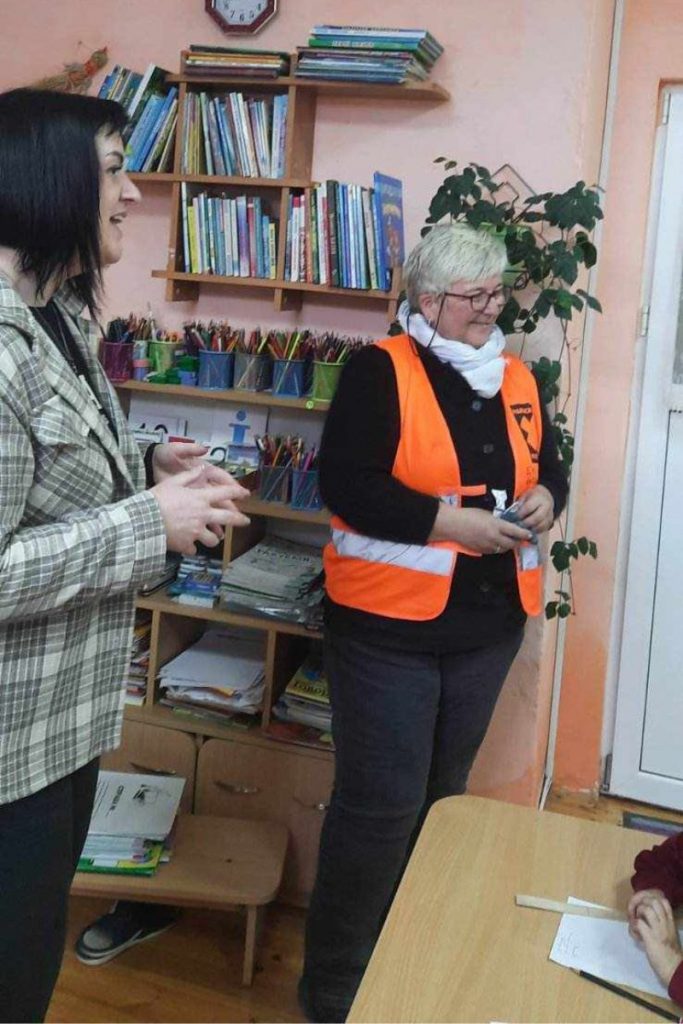 Berit with her Paracrew Hi VIs on in as we meet with the head of the Shegyni Oblast education system as ABW donate laptops sourced through HAFGB.