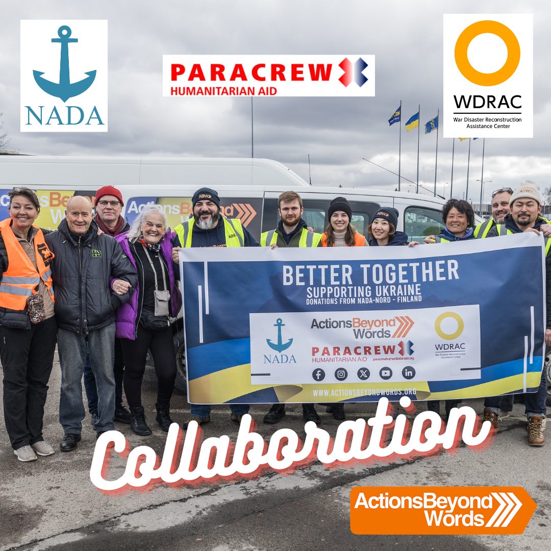 Members of WDRAC, ABW, Para Crew and Nada Nord posing in front of an ABW van carrying a banner that says "Better Together" on it.